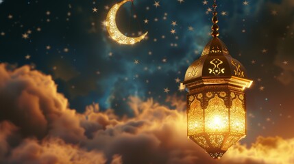 Ramadan lantern with crescent moon and stars in the background