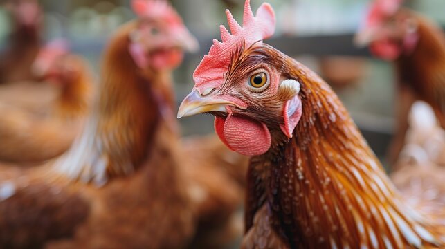 A close-up portrait of a brown hen in a free-range farm, depicting sustainable farming and animal welfare, ideal for agricultural and environmental education content