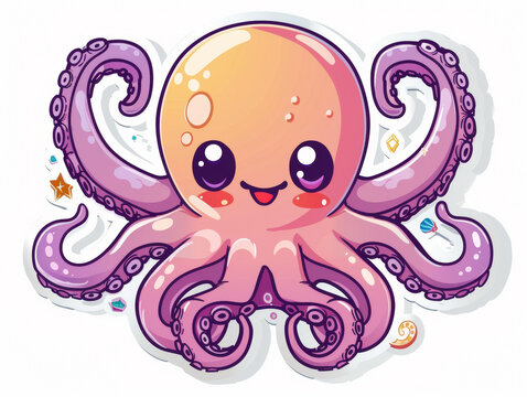 A smiling, purple cartoon octopus with cute eyes and decorated tentacles,ai generated