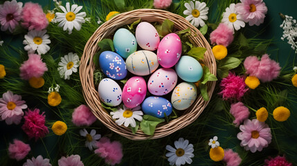 Colorful easter quail eggs in nest and tulips on beige stone background with . Flat lay. Spring...