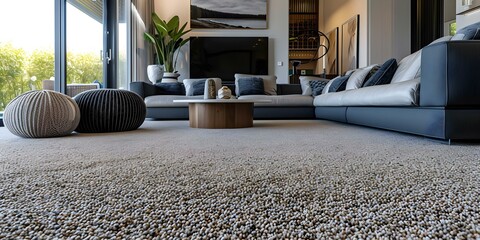 Stylish living room featuring chic furniture complimented by luxurious carpet flooring. Concept Luxurious Furniture, Chic Decor, Stylish Living Room, Carpet Flooring, Interior Design - obrazy, fototapety, plakaty