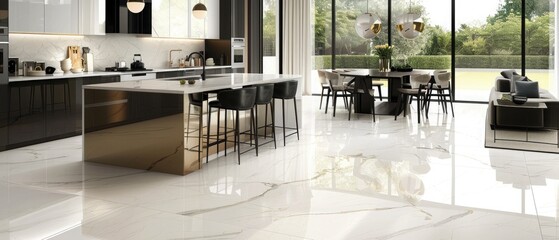 Luxurious open kitchen with island and white floor tiles
