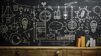 Innovative Design Icons Doodled on Chalkboard, To convey a sense of creativity, innovation, and design inspiration in a trendy, minimalistic style