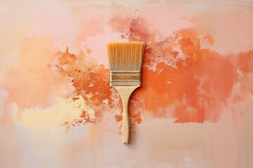 A paintbrush rests against a canvas of abstract peach acrylic strokes, embodying the creativity and spontaneity of the artistic process, ideal for art-themed content and creative workshops - 752898968
