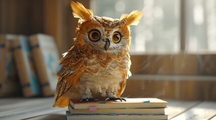 Owl perched on a book Complex playing style The purpose of this image is to convey a feeling of knowledge, learning and creativity.