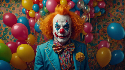 Clown, lyceum on a background of balloons. - obrazy, fototapety, plakaty