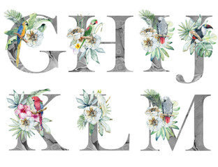 Watercolor floral letters with parrots for wedding invitations, greeting card, birthday, poster and other. - 752899367
