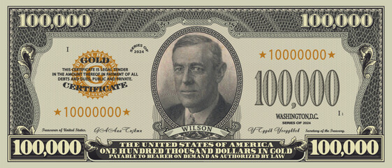 Vector fictional obverse of a US 100000 dollars gold certificate. Pixel mosaic portrait of Woodrow Wilson.