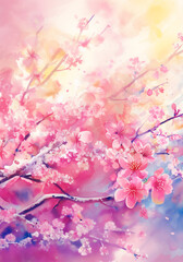 Watercolour illustration of cherry blossom, sakura flowers on a spring day, in the shades of pink, light blue and yellow