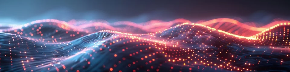 Rolgordijnen Vibrant digital wave landscape with particles. A high-quality 3D render of a dynamic digital wave landscape with illuminated particle dots creating a cosmic atmosphere. © Merilno