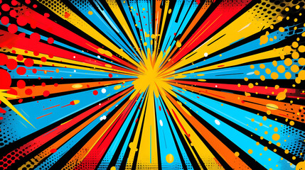 Comic book pop art strip radial backdrop, Vintage pop art yellow background. Banner vector illustration, explosion in comics book style, blank layout, Cartoon background, Generative Ai