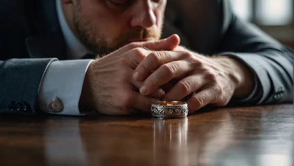 Fotobehang Blurred background, man's hands with a wedding ring on the table, family breakdown concept. © Olena Yefremkina