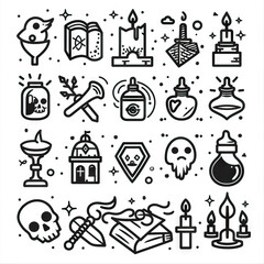 Surreal Saga - Quirky Quests. Sticker Collection. Multiple. Vector Icon Illustration. Icon Concept Isolated Premium Vector. Line Art. Black Outline. White Background.