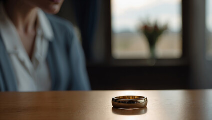 Engagement ring on the table on a blurred background with a woman sitting at the table, divorce concept. - obrazy, fototapety, plakaty