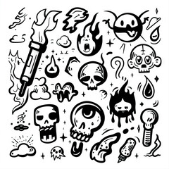 Oddity Outburst - Unconventional Unveilings. Sticker Collection. Multiple. Vector Icon Illustration. Icon Concept Isolated Premium Vector. Line Art. Black Outline. White Background. 