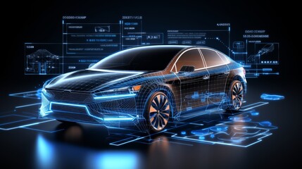 Futuristic augmented reality car wireframe concept on blurred background with copy space
