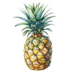 Tropical watercolor clipart of a pineapple, textured and crowned, single object isolated on white background, essence of exotic sweetness