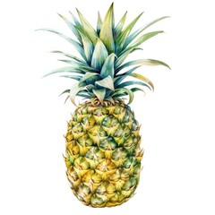 Fototapeta premium Realistic Watercolor Pineapple Illustration Detailed watercolor painting of a pineapple with a textured skin and lush green leaves.