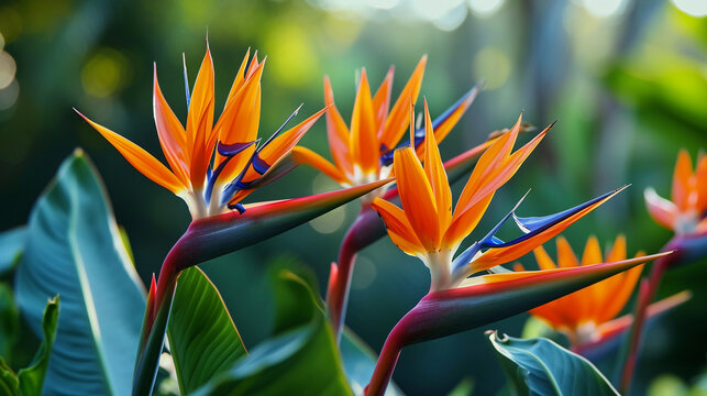 A close-up of exotic bird of paradise flowers, showcasing their striking colors and architectural shapes in vivid 4K HDR