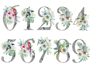 Watercolor floral numbers with parrots for wedding invitations, greeting card, birthday, poster and other. - 752900513