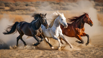 Horses running wildly in desert dust