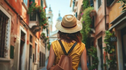 Rear View of Female Casual Solo Traveler Exploring European Landmarks