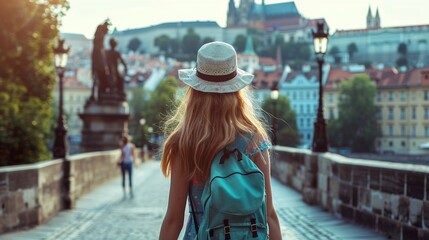 Rear View of Female Casual Solo Traveler Exploring European Landmarks