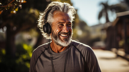 Smiling handsome mature caucasian runner jogger listening to the music in headphones, training outdoors in stadium. Workout for slimming. - obrazy, fototapety, plakaty