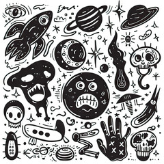 Cosmic Craziness - Intergalactic Absurdities. Sticker Collection. Multiple. Vector Icon Illustration. Icon Concept Isolated Premium Vector. Line Art. Black Outline. White Background. 