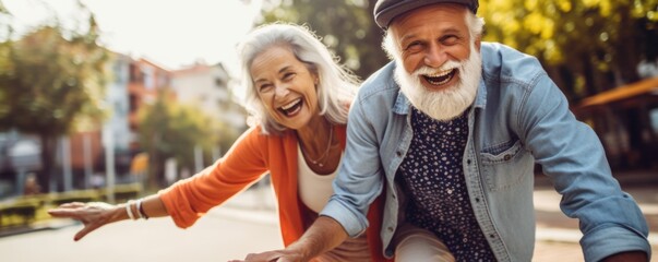 Active pensioner old couple is skateboarding in park, healthy lifestyle banner. Generative Ai.