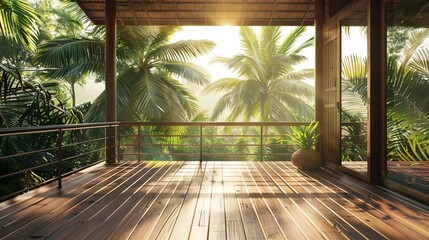 Summer Delight: Wooden Balcony Patio Deck with Panoramic View of Coconut Trees