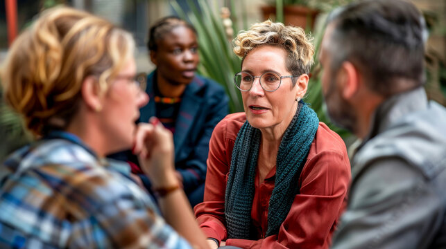 Shot of people having lively conversation with woman who is actively talking - Powered by Adobe