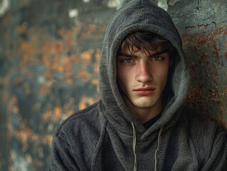 Young Man Hooded Sweatshirt Grunge Wall