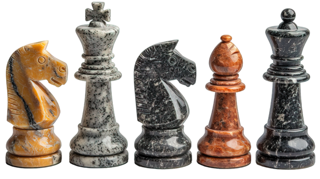 Set chess pieces isolated on transparent background ,marble chess piece png ,generative ai