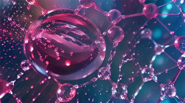 Video depicting close-up views of molecular structures with a focus on translucent and reflective spherical elements, using a palette of cool blues and warm reds