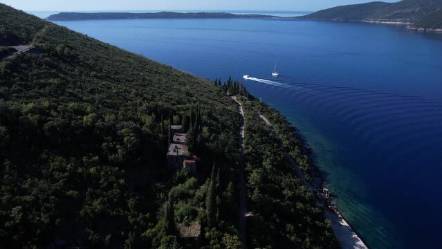 Aerial View of Boat Sailing in Kotor Bay, Montenegro With Prevlaka Peninsula in Background, Croatia