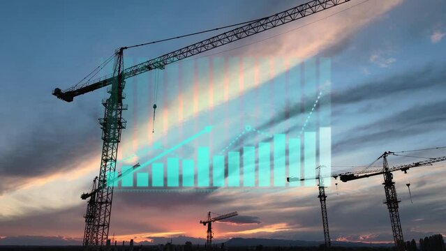 Construction cranes at sunset with graphs of building work progress. 3D graphic