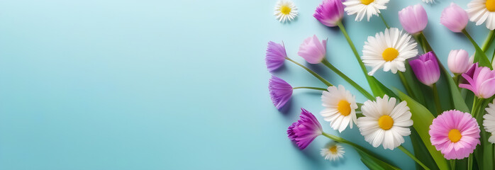 Different spring flowers in pastel colors on a blue background. Banner