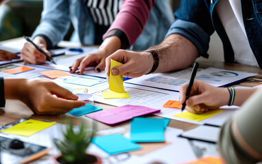 Closeup image of multiple people sitting around a desk with sticky note. Brainstorming, exchange ideas, planning and discussion concept.