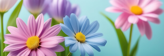Different spring flowers in pastel colors on a blue background. Banner