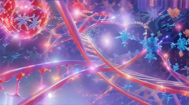 Video depicting stylized representations of DNA double helix structures with luminescent and neon colors, highlighted by blues and pinks against a dark background.