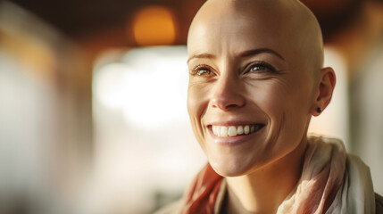 Headshot portrait of smiling young Caucasian hairless woman sick with cancer show power strength beat disease. Happy millennial female battle oncology, overjoyed about remission or recovery.
