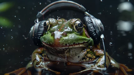 Deurstickers frog listening to music © Manja