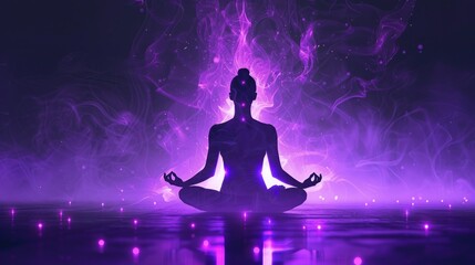 Silhouette of a meditative person with vibrant purple energy waves and particles around.