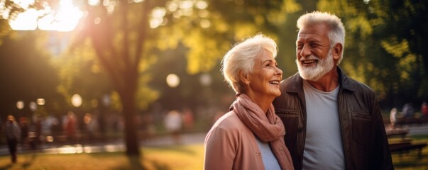 Portrait of active pensioner old couple in park, healthy lifestyle banner. Generative Ai.