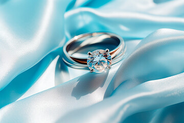 Ring with diamond close-up against a background of light blue fabric in sunlight, no people