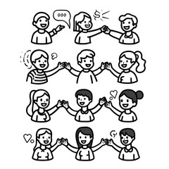 Empathetic Expressions - Connect with Others. Sticker Collection. Multiple. Vector Icon Illustration. Icon Concept Isolated Premium Vector. Line Art. Black Outline. White Background. 