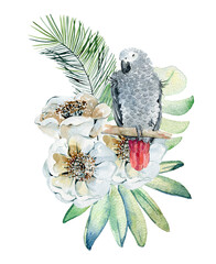 Tropical watercolor illustration with parrot, leaves and flowers. - 752903149