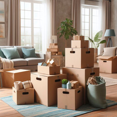 Fototapeta premium Moving boxes in room. Moving day concept. 3d render illustration