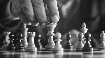 Chess. Black and white image of a businessman playing chess.